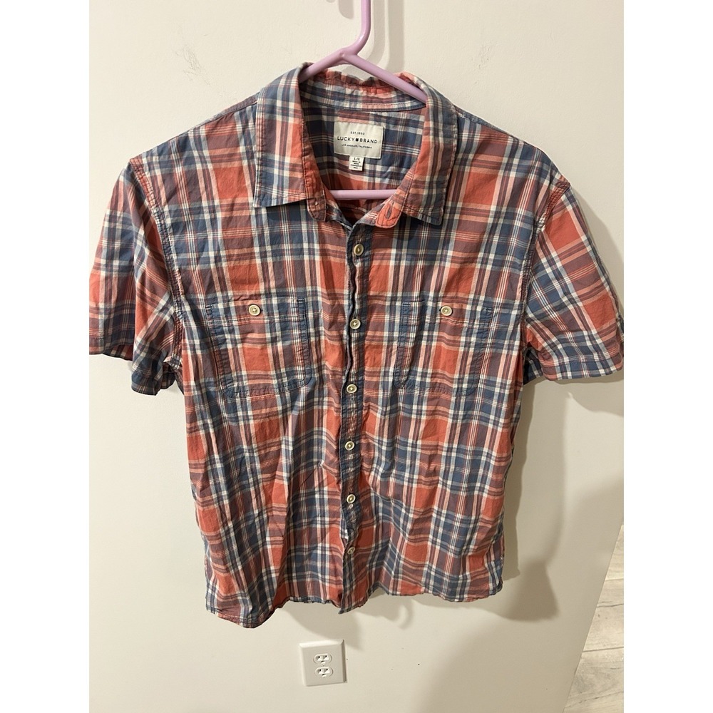 Lucky Brand Shirt Men Large Blue Red Plaid Casual Linen Preppy Short Sleeve